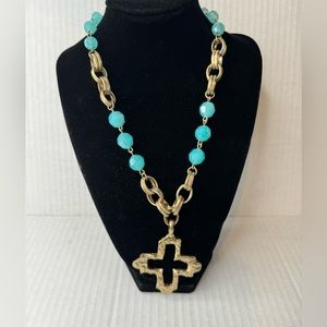 Silver Tone Blue Beaded Adjustable Cross Necklace